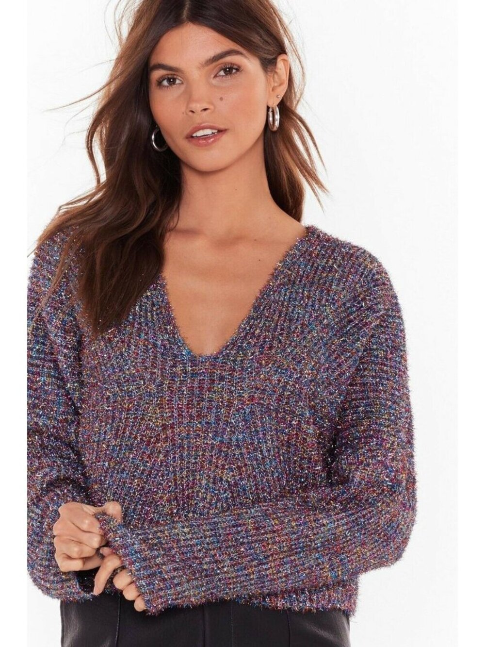 NASTY GAL Tinsel Time V-Neck Cropped Sweater Rainbow Metallic NEW Holiday Top M - Picture 4 of 10